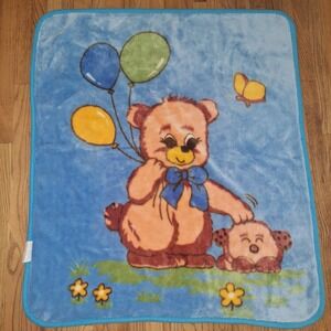Vintage Korean Mink Baby Blanket Bear Puppy Balloons Butterfly Kawaii Blue 44x38